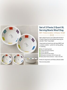 Set of 2 Fiesta 2 Quart XL Serving Bowls Woof Dog NWT Pristine 64 Ounce 10 5/8 “